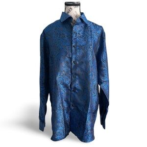Barry Wang Blue Paisley Jacquard Shirt Silk Blend Large